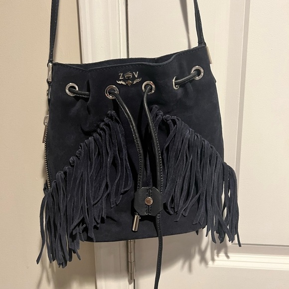 NWOT BOBO EXTRA SMALL SUEDE BUCKET BAG IN MARINE/SILVER - Picture 2 of 2